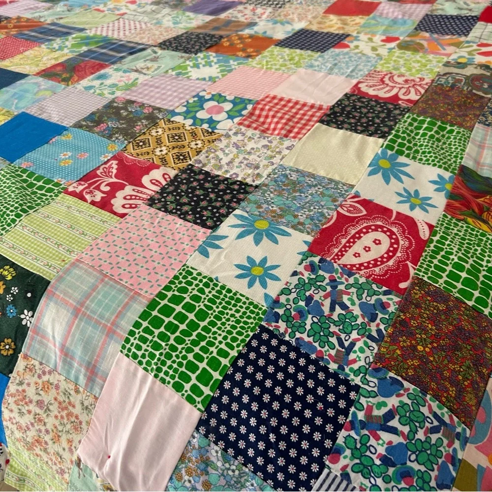 Vintage Handmade “Postage Stamp” Patchwork Quilt Multicolor Bedcover#0831256